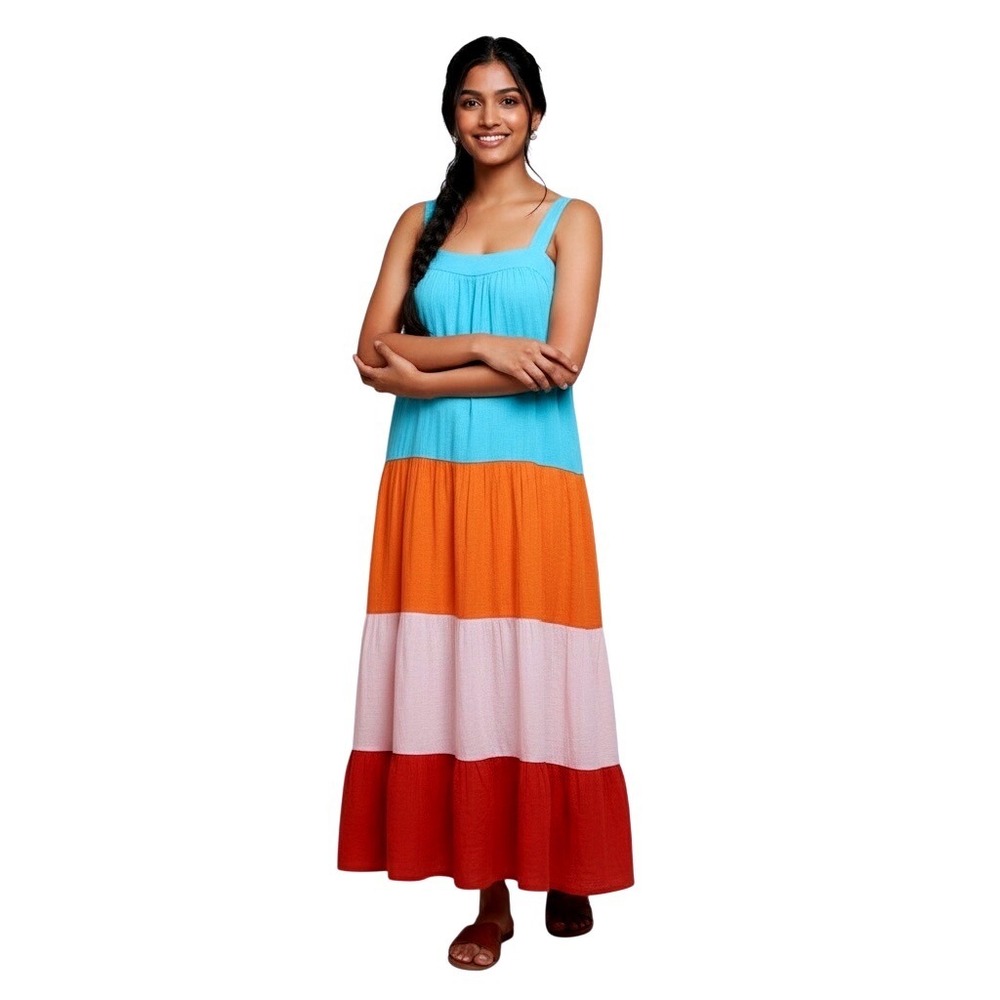 Aura Tiered  Maxi Dress Size M Blue Orange Pink Red Boho Smocked‎ Casual Beach